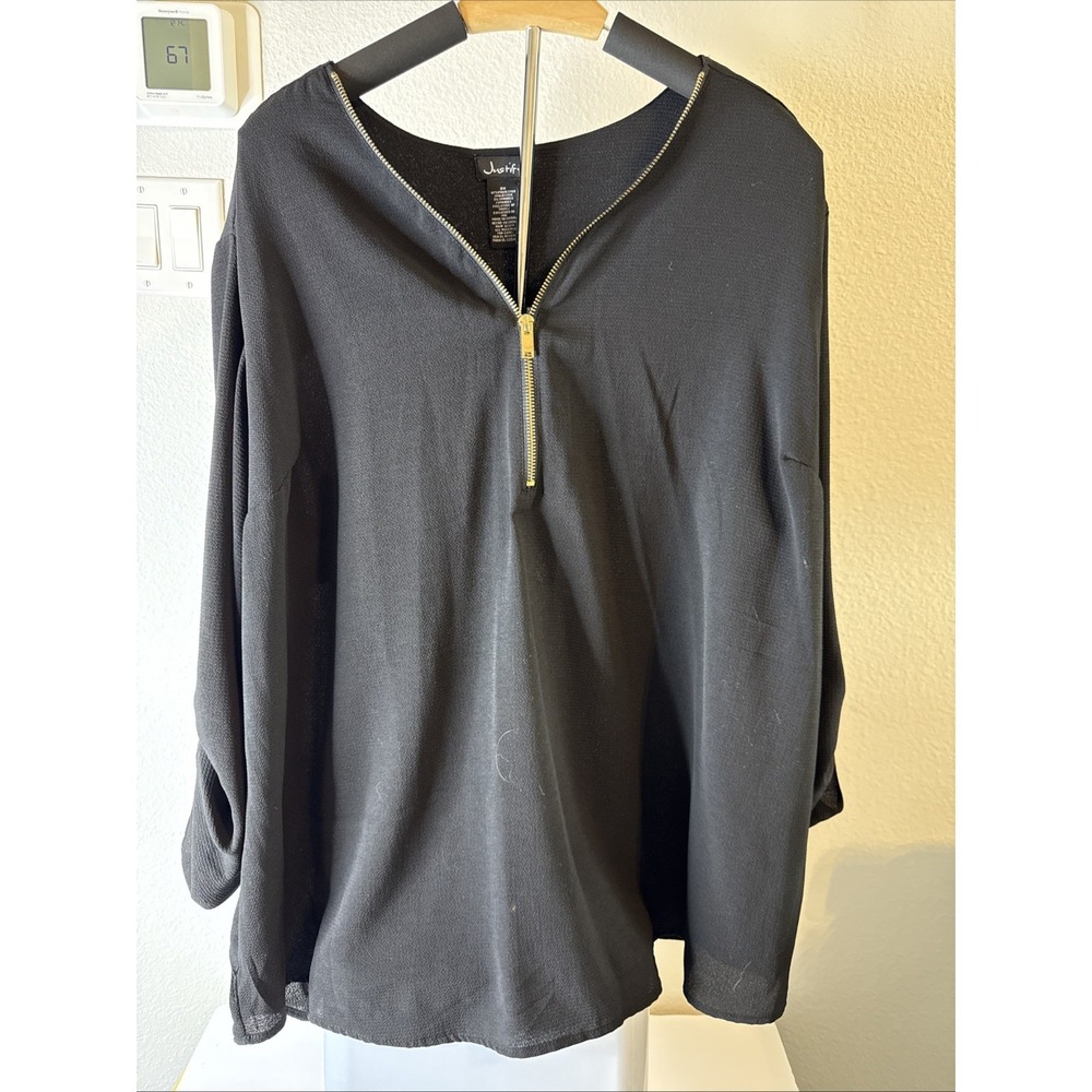 JUSTIFY Women's Half-Zip Tunic Top‎ Tab Sleeves Black Plus Size 3XL